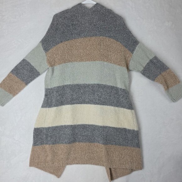 Entro Open Front Long Sweater Cardigan Women's L Beige Gray Striped - Picture 5 of 12